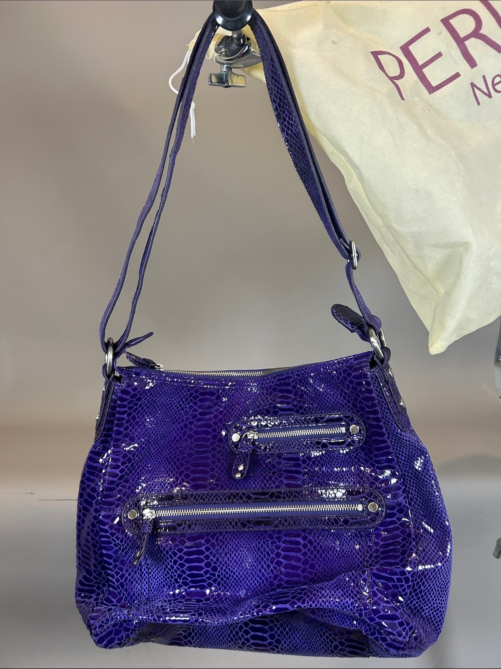(10+) Luxury Perlina New York Shiny Purple CrocEmbossed Shoulder Bag Purse Dust